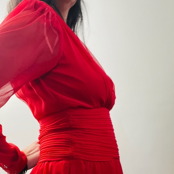 Vintage Miss Elliette Red Organza Ruffle Midi Dress - Picture 6 of 16